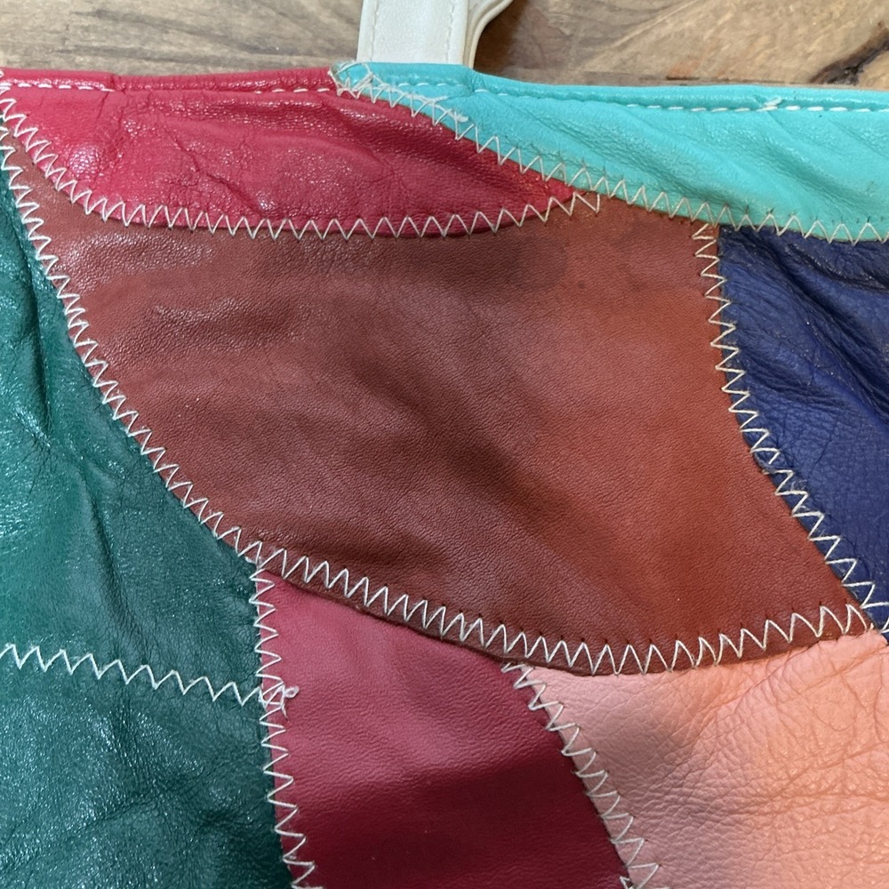Vintage Genuine Leather Patchwork Tote Bag Multicolor Colorblock Shoulder Purse - Picture 3 of 16